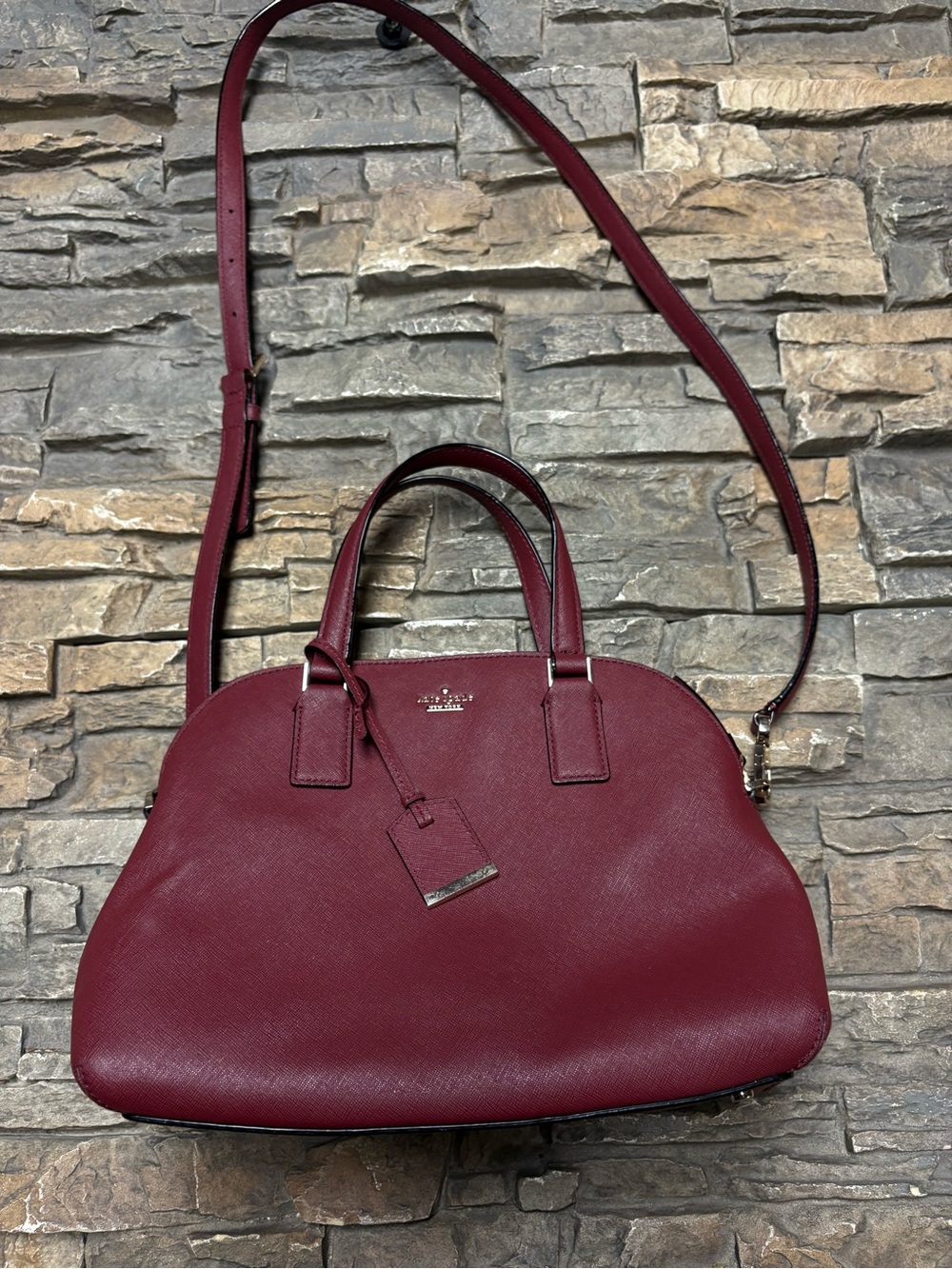 Kate Spade Handbag Shoulder Triple Compartment Leather Burgundy Rust Designer